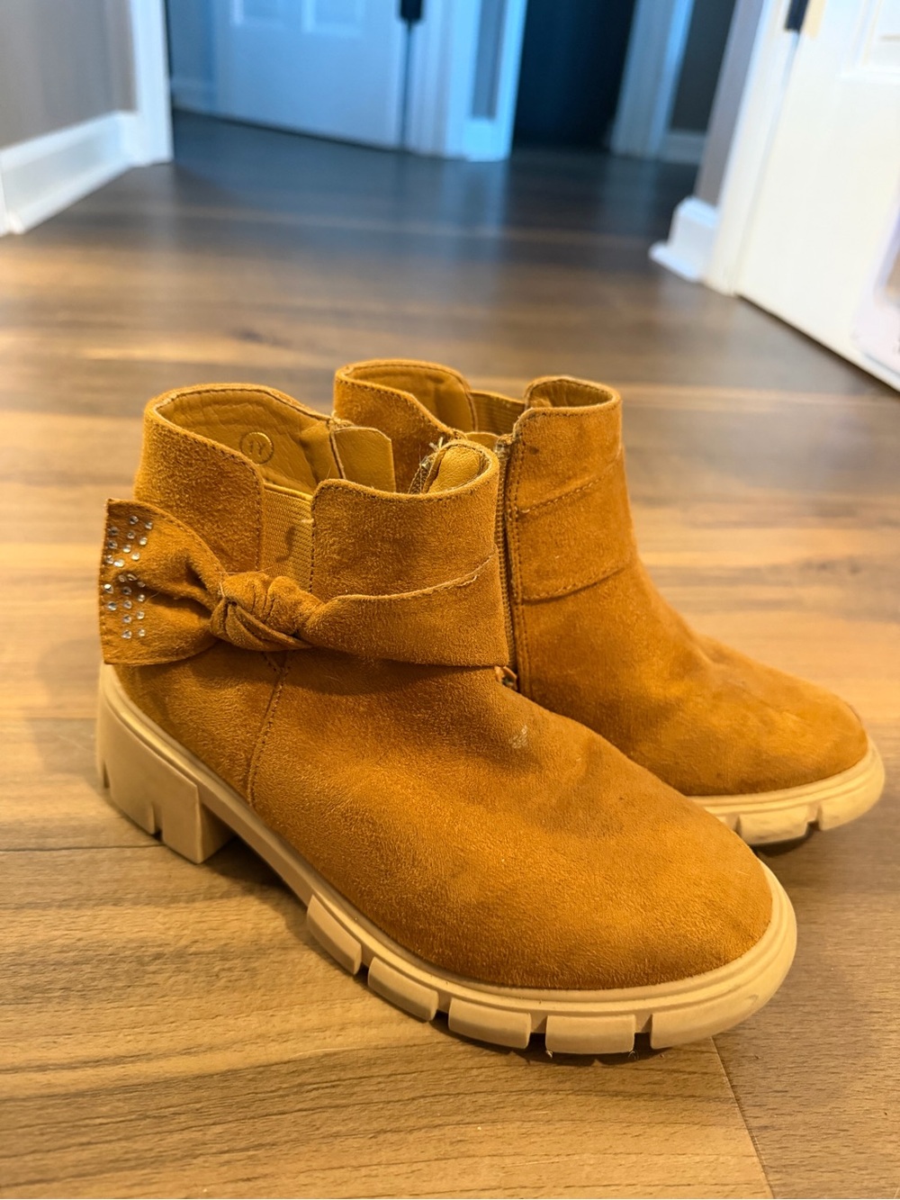 Kids Suede Ankle Boots with Bow Accent - Tan